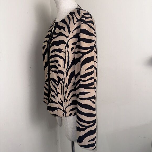 CHICOS Jacket Size 2 Black Brown Zebra Stripe Animal Print Zip Front Long Sleeve - Picture 3 of 9